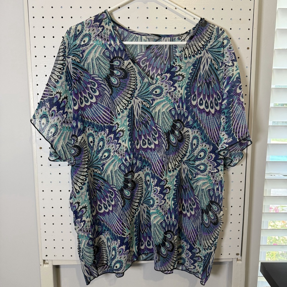 Charlotte Russe Blouse Women Large Blue Purple Paisley Short Slit Sleeve Top Y2K